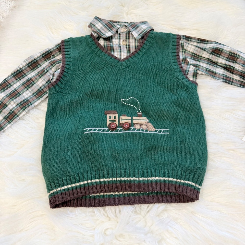 Good Lad Train Sweater Vest & Plaid Shirt Set Toddler Boys 18M Green 2pc
